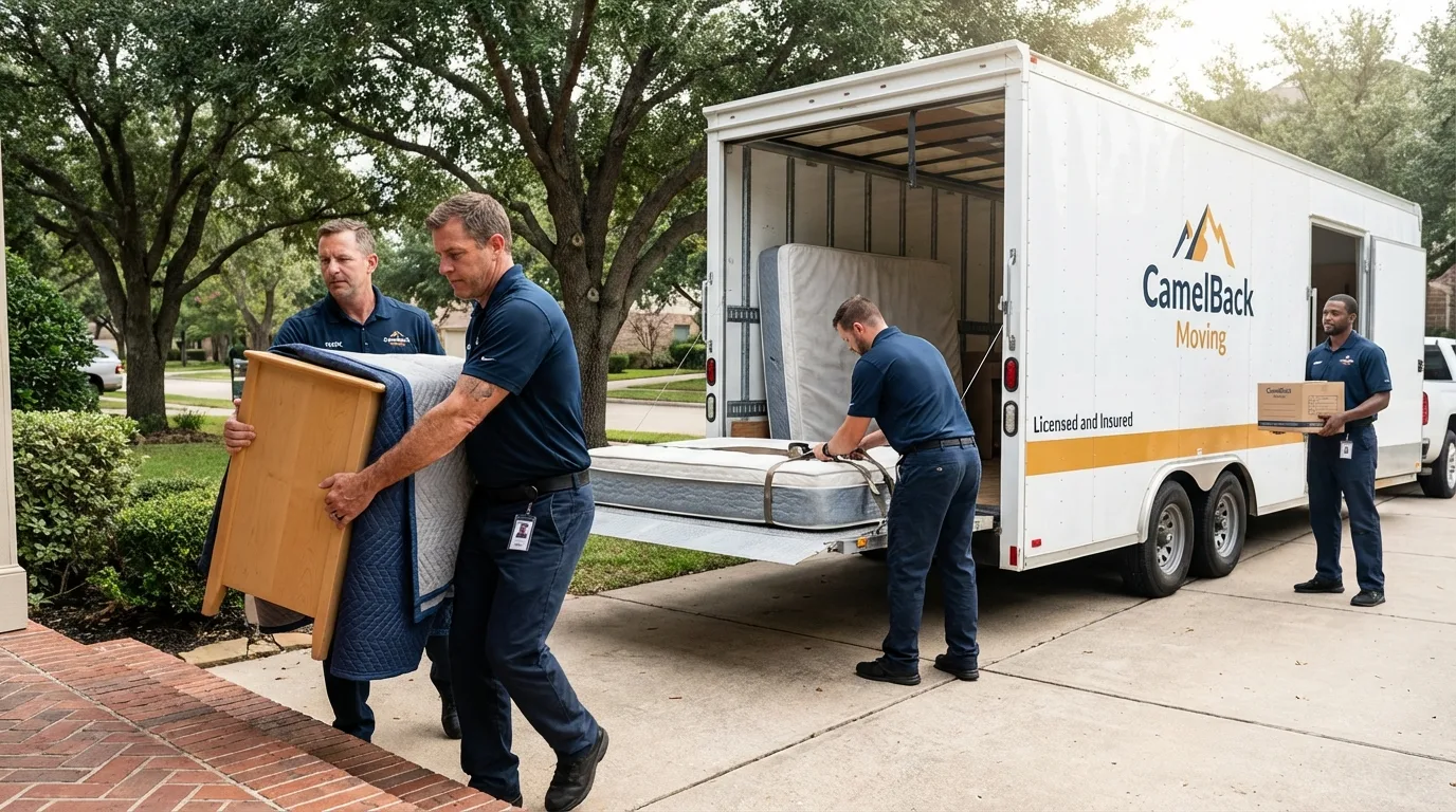 Crew loading residential truck for cross-state move from Holliday, TX