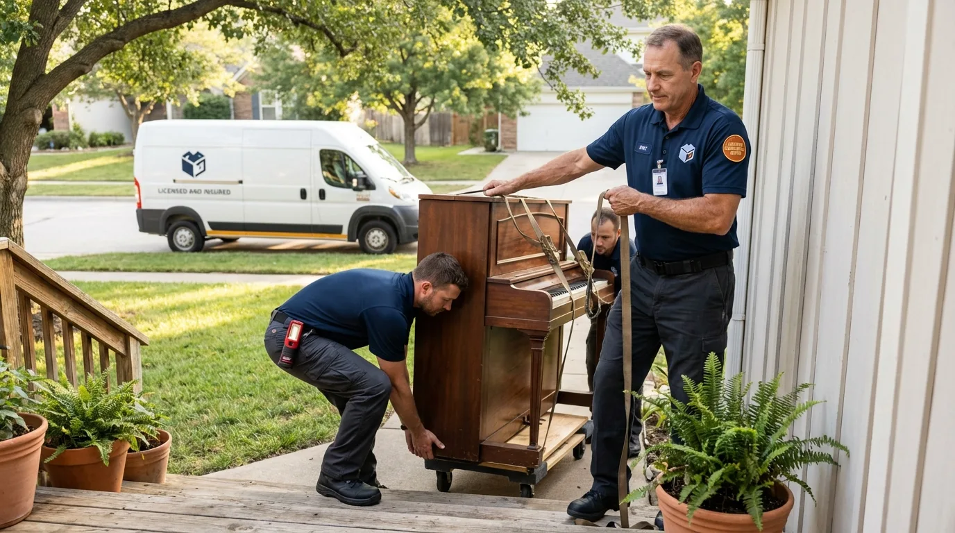 Licensed piano movers securing grand piano in Holliday, TX