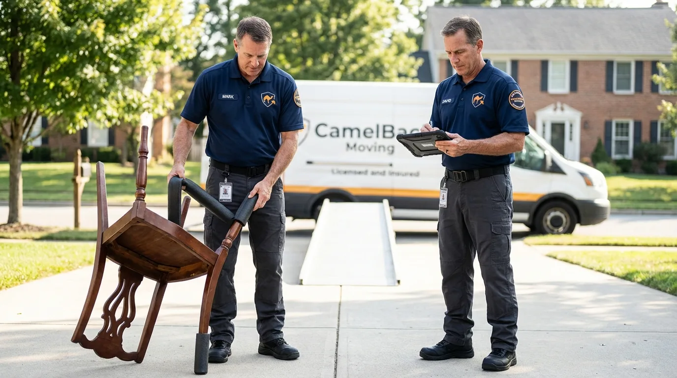 Movers inspecting furniture for damage prevention before loading in Holliday, TX